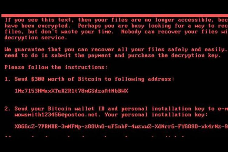 Pesan yang ditampilkan ransomware Petya alias NotPetya alias GoldenEye di layar setelah berhasil mengunci komputer korban dengan enkripsi.