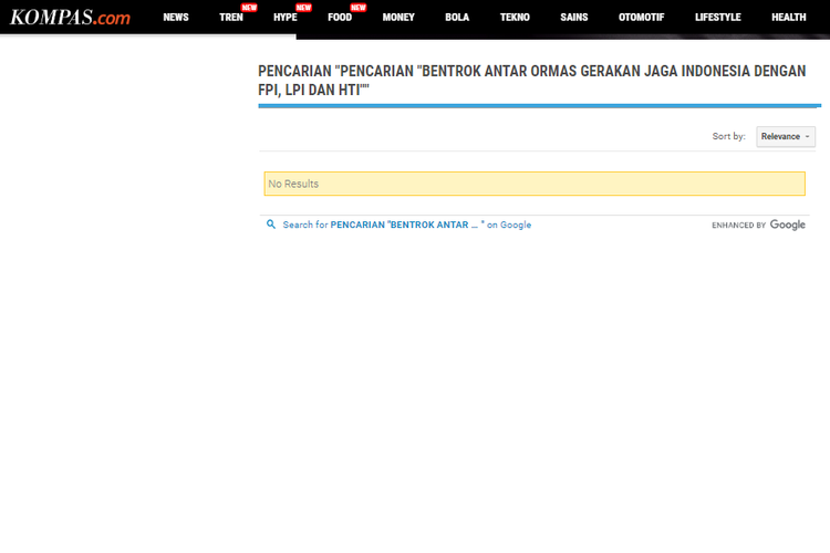 Tangkapan layar hasil pencarian pemberitaan bentrok antar ormas di Kota Bandung di Kompas.com 