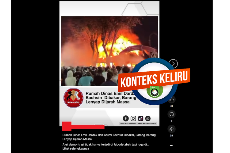 Tangkapan layar Facebook video mengeklaim rumah dinas Emil Dardak dibakar massa pada Sabtu (30/8/2025) malam
