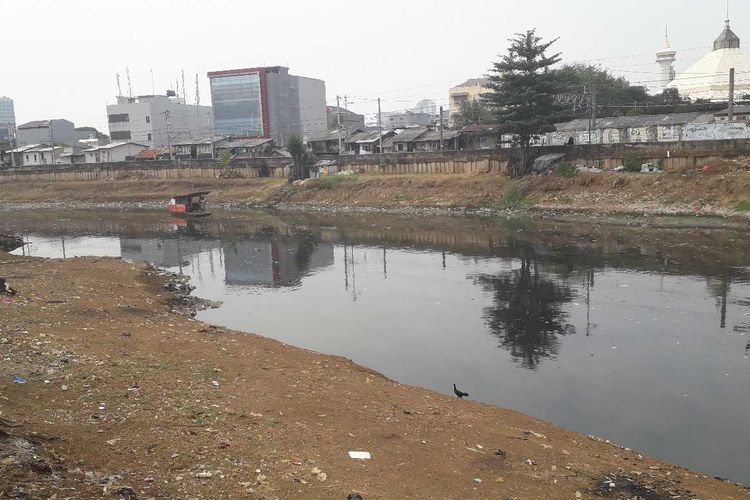 Sampah terlihat di pinggir Kanal Banjir Barat, Jatipulo, Jakarta Barat.