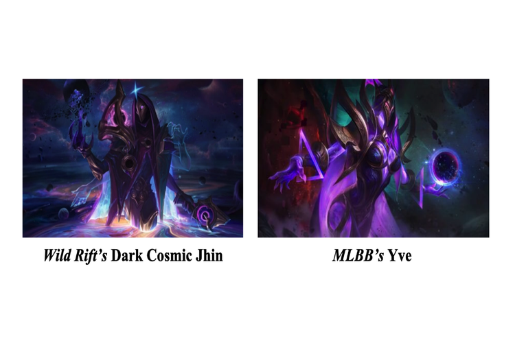 Ilustrasi desain hero Yve di Mobile Legends yang mirip Dark Cosmic Jhin di LoL