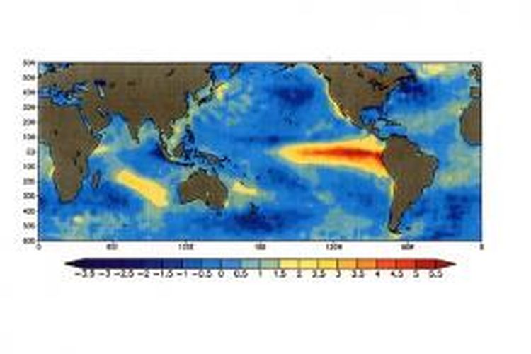 El Nino, fenomena kenaikan suhu muka laut di Samudera Pasifik yang memengaruhi pembentukan awan hujan. 