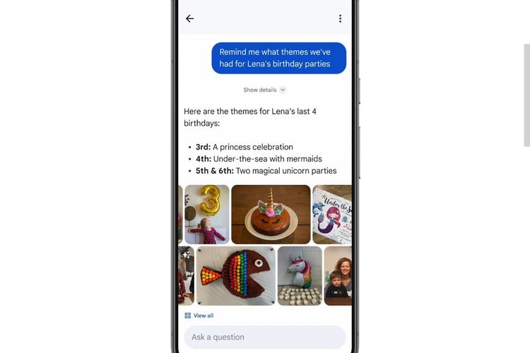 Ask Photos menampilkan tema ulang tahun