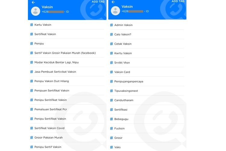 Tangkapan layar aplikasi GetContact, yang menampilkan nomor orang yang menawarkan jasa pembuatan sertifikat vaksin Covid-19 resmi tanpa perlu suntik