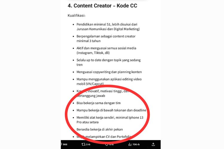 Tangkapan layar kualifikasi lamaran kerja sebagai content creator Disparekraf DKI Jakarta yang mensyaraktan iPhone 13 Pro.
