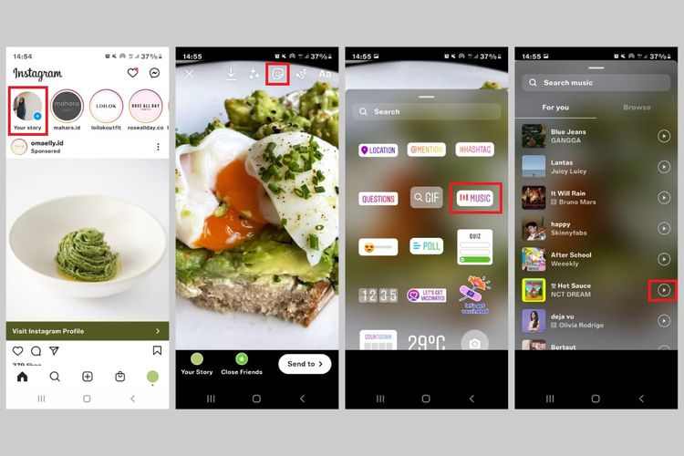 Cara menggunakan fitur stiker musik untuk membuat postingan di Story