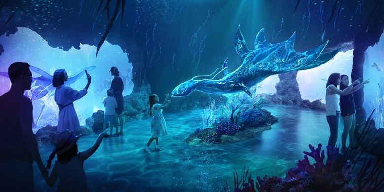 Ilustrasi pengunjung melihat instalasi karakter baru di film Avatar: The Way of Water, Ilu, di Gardens by the Bay Singapura.