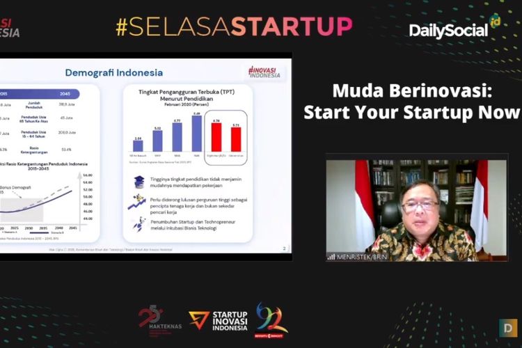 Menristek Bambang Brodjonegoro saat menyampaikan materi webinar Muda Berinovasi: Start Your Startup Now.