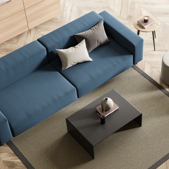 Ilustrasi ruang tamu dengan nuansa warna beige dan sofa biru.