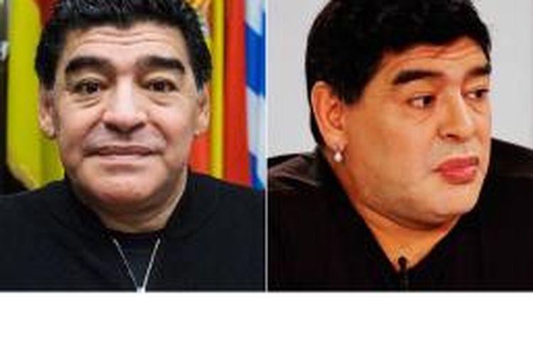 Perbandingan penampilan Diego Maradona saat masih asli (kiri) dan setelah diduga melakukan operasi plastik.