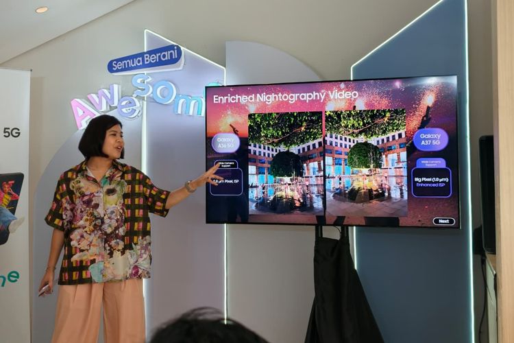 MX Product Marketing Senior Manager Samsung Electronics Indonesia, Annisa Maulina, menjelaskan peningkatan kamera Galaxy A37 dalam acara Hands-On Samsung Galaxy A37 5G di Teru, Kebayoran Baru, Jakarta Selatan, Kamis (9/4/2026).