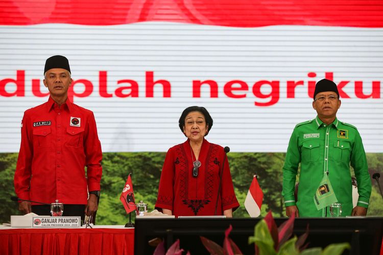 Bakal Calon Presiden PDI-P Ganjar Pranowo, Ketua Umum PDI-P Megawati Soekarnoputri, dan Pelaksana Tugas (Plt) Ketua Umum PPP M Mardiono saat menggelar pertemuan kerjasama politik di Kantor Dewan Pimpinan Pusat (DPP) Partai Demokrasi Indonesia Perjuangan (PDI-P), Jakarta, Minggu (30/4/2023). Pertemuan ini untuk merumuskan agenda dan tahapan pemenangan terhadap Ganjar Pranowo.