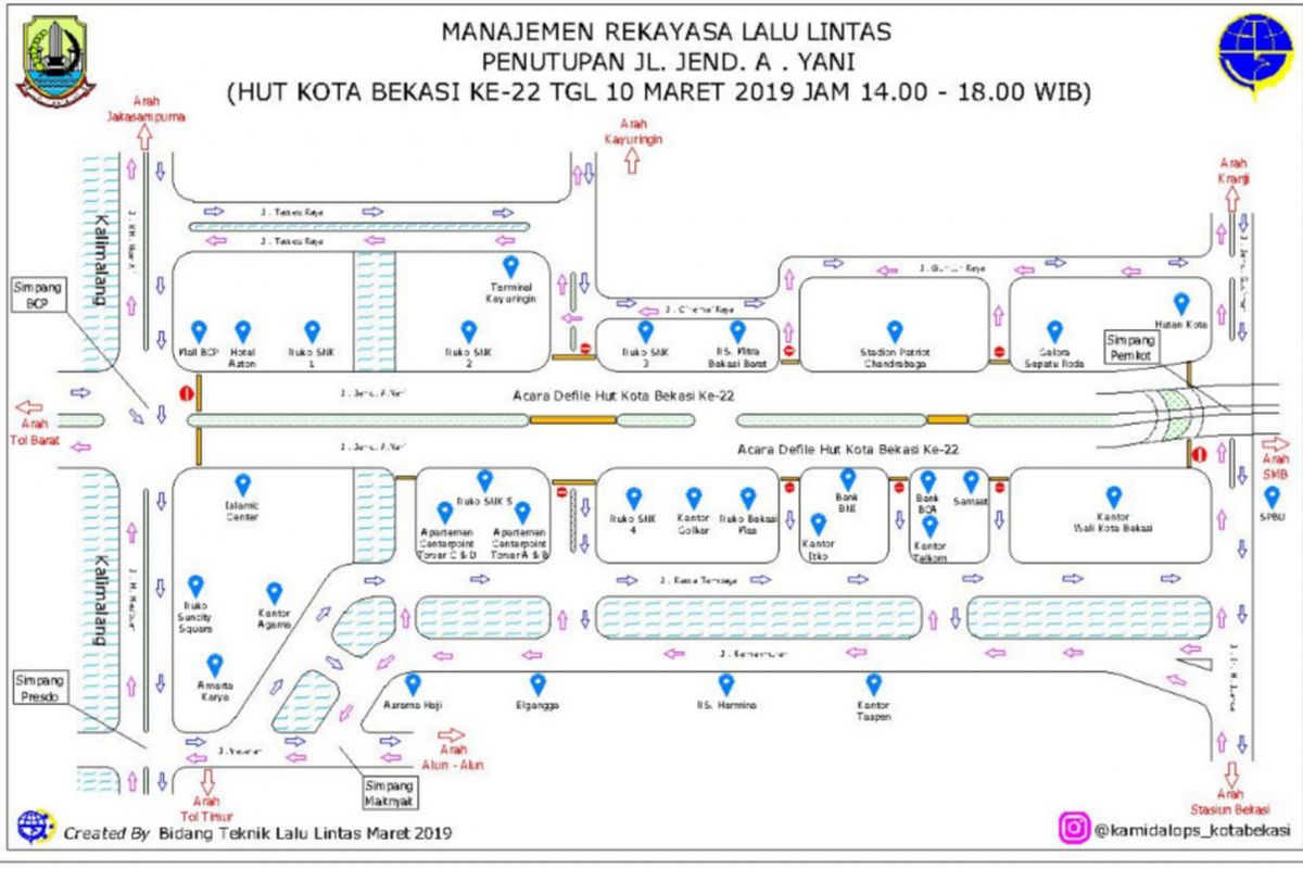 Rute rekayasa lalin di seputaran Jalan Jend Ahmad Yani dalam rangka HUT Kota Bekasi ke-22, Minggu (10/3/2019)