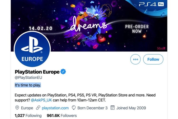 Tangkapan layar bio akun Twitter @PlayStationEU.