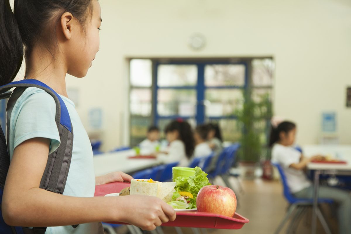 Ilustrasi makan siang di sekolah, makan siang gratis di sekolah. 