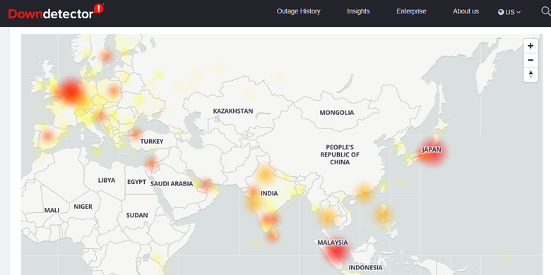 Tangkapan layar peta gangguan Gmail pada Kamis (20/8/2020) di situs DownDetector.