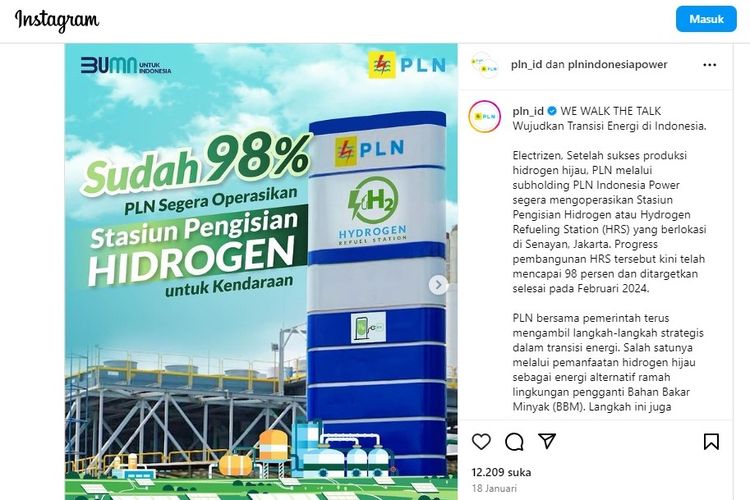 Tangkapan layar unggahan PLN soal Stasiun Pengisian Hidrogen pertama di Indonesia.