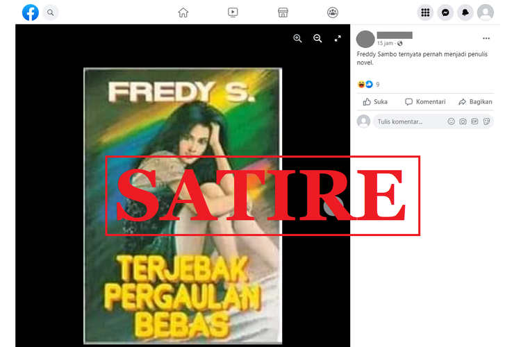 Tangkapan layar unggahan satire di sebuah akun Facebook, Rabu (10/8/2022), yang mengeklaim bahwa Fredy Sambo adalah penulis novel dengan nama pena Fredy S.