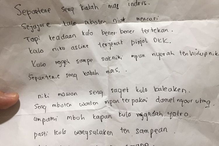 Surat yang dikirim pencuri kepada pemilik barang.