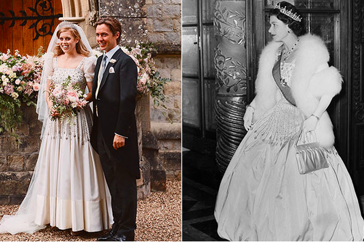 Putri Beatricet tampil mempesona dengan gaun pengantin yang dipinjam dari ratu.