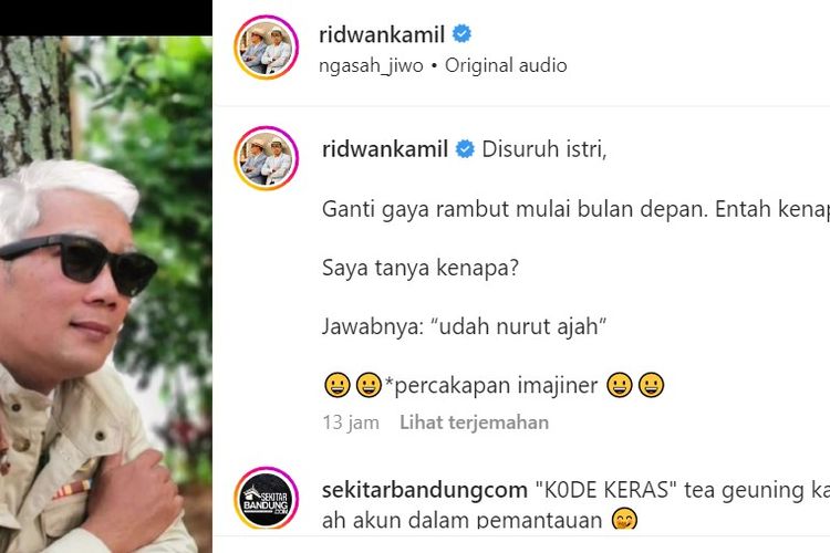 Di akun Instagram milik Emil, sapaan Ridwan Kamil, Gubernur Jawa Barat itu mengunggah foto rambutnya yang berwarna putih sambil memakai kacamata hitam.