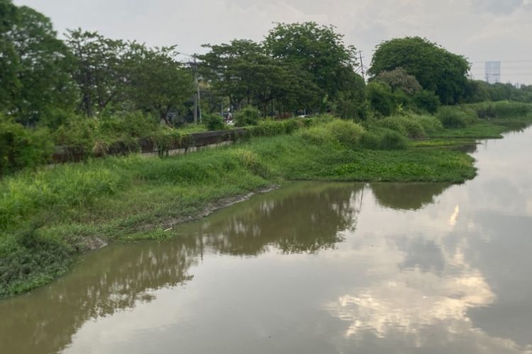 Salah satu aliran sungai di Surabaya yang sempat terjadi fenomena ikan naik ke permukaan, Kamis (30/10/2025).