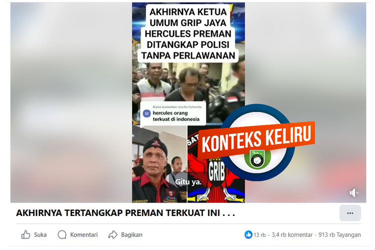 Tangkapan layar Facebook video yang mengeklaim Hercules ditangkap pada Mei 2025