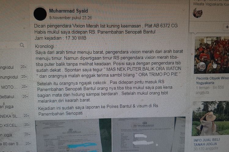 Unggahan Korban Pemukulan di Bantul direspon Ribuan Warga Net di Group Facebook ICG