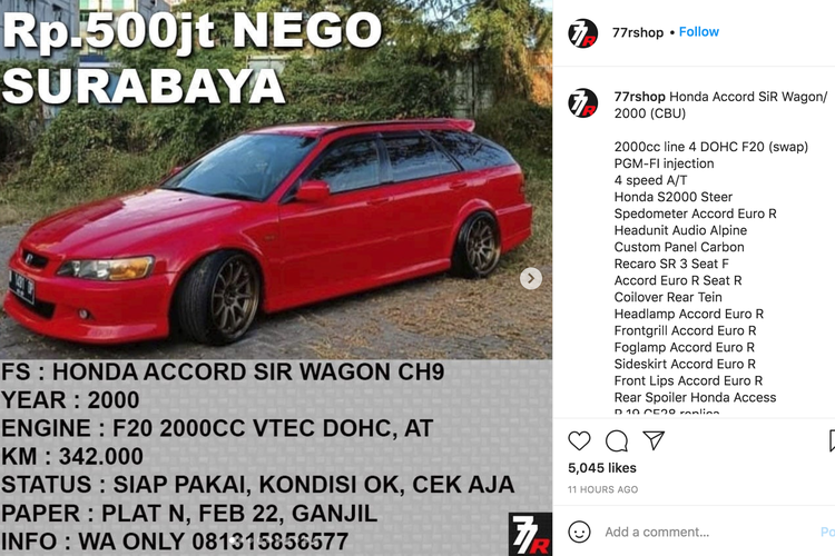 Honda Accord di jual dengan harga Rp 500 juta