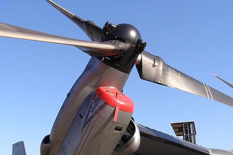 One of the MV-22 Ospreys tilt rotor propellers