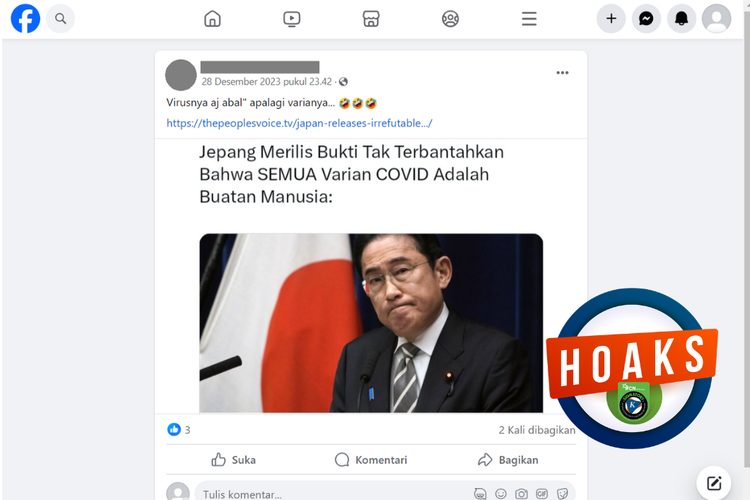 Tangkapan layar konten hoaks di sebuah akun Facebook, 28 Desember 2023, yang menyebutkan Jepang merilis bukti bahwa semua varian Covid-19 merupakan buatan manusia.