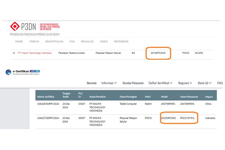 Sertifikasi Poco X7 Pro di laman TKDN (atas) dan Postel (bawah)