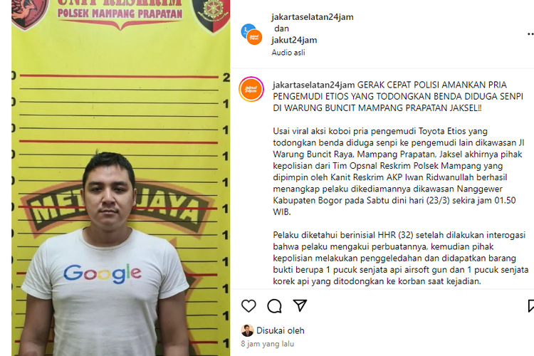 Polisi menangkap pria berinisial HHR (33) yang melakukan aksi koboi jalanan di Jalan Mampang Prapatan Raya, Jakarta Selatan, Sabtu (23/3/2024).