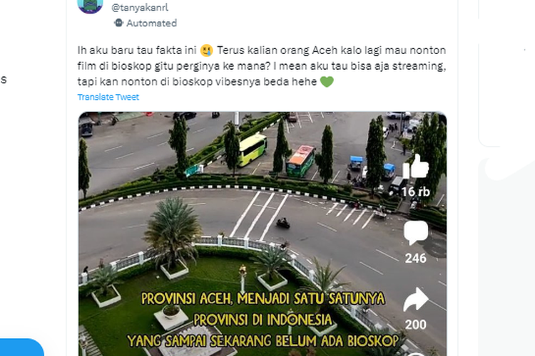Tangkapan layar twit yang menginformasikan tidak ada bioskop di Provinsi Aceh