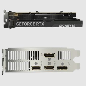 Rangkaian konektor output dan tampak atas dari Gigabyte RTX 4060 OC Low Profile 8 GB yang memiliki ketebalan dua slot. 