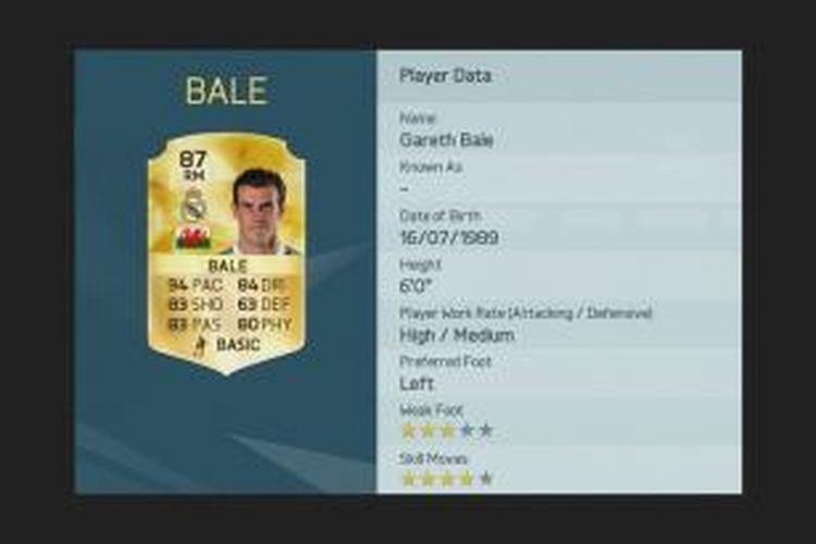 Statistik bintang Real Madrid, Gareth Bale, di permainan konsol FIFA 16. 