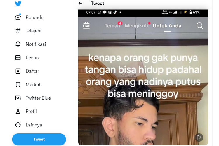 Tangkapan layar twit bernarasi orang tidak memiliki tangan bisa hidup padahal nadi yang terputus bisa membuat orang meninggal dunia.