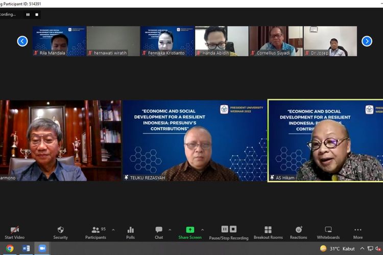 Webinar Economic and Social Development for a Resilient Indonesia pekan lalu yang digelar President University.