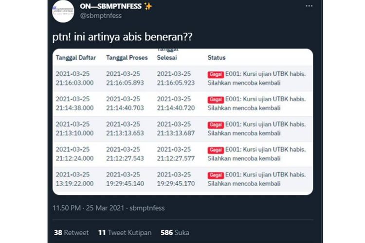 Tangkapan layar twit soal kursi ujian UTBK-SBMPTN telah habis.