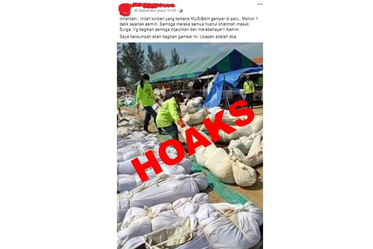 Salah satu halaman (page) di Facebook yang menugunggah postingan korban gempa dan tsunami di Palu. Pihak Kemkominfo mengatakan, foto tersebut tidak benar.