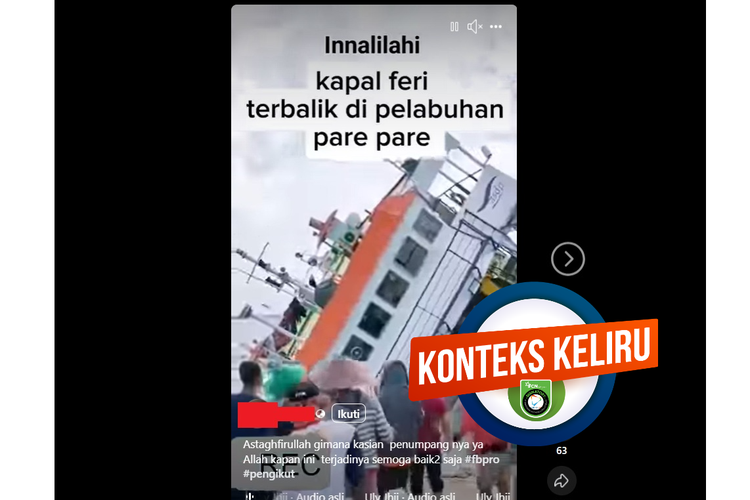 Tangkapan layar Facebook video yang mengeklaim kapal feri di Pelabuhan Pare-Pare terbalik