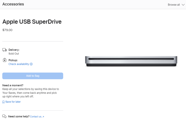 Ilustrasi laman penjualan Apple USB SuperDrive di Apple.com.