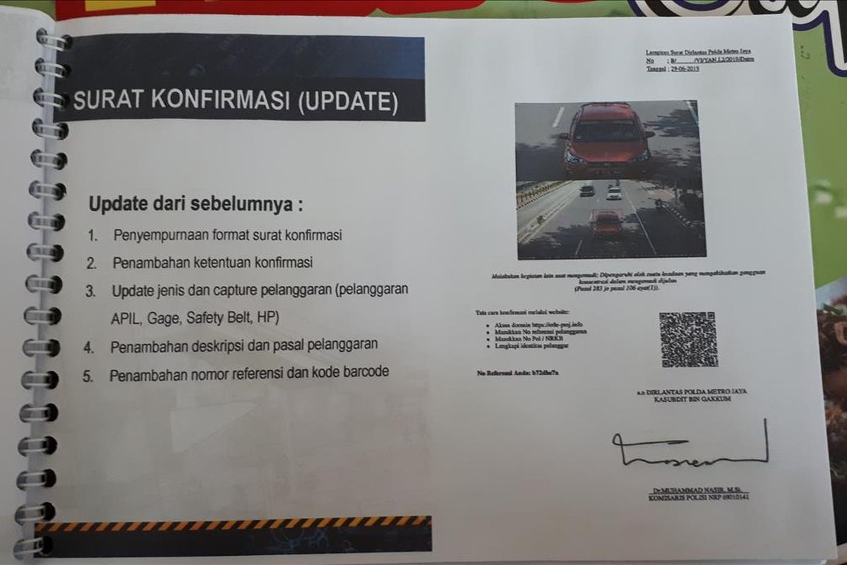 Surat konfirmasi pelanggaran sistem tilang elektronik atau electronic traffic law enforcement (ETLE) telah dilengkapi kode barcode. 