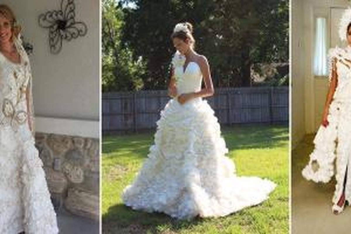Sejumlah karya gaun pengantin yang terbuat dari tisu toilet 