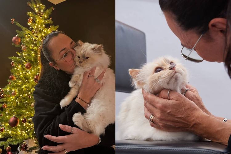 Choupette, kucing peliharaan desainer legendaris Karl Lagerfeld, bersama pengasuhnya yang merupakan mantan pengurus rumah tangga Lagerfeld, yaitu Françoise Caçote.