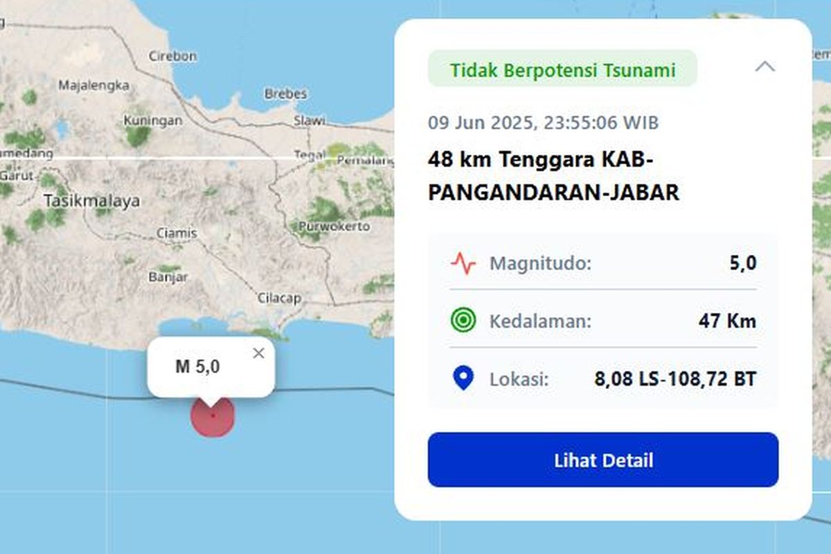Gempa bumi magnitudo 5 yang terjadi pada hari Senin (9/6/2025), pukul 23.55 WIB terasa hingga Cilacap,