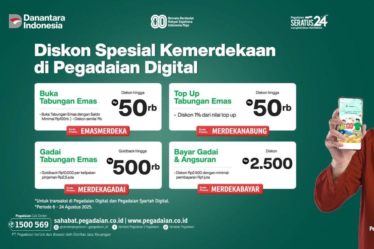 PT Pegadaian menghadirkan serangkaian promo spesial kemerdekaan dalam rangka merayakaan Hari Ulang Tahun (HUT) ke-80 RI yang berlaku hingga 24 Agustus 2025.