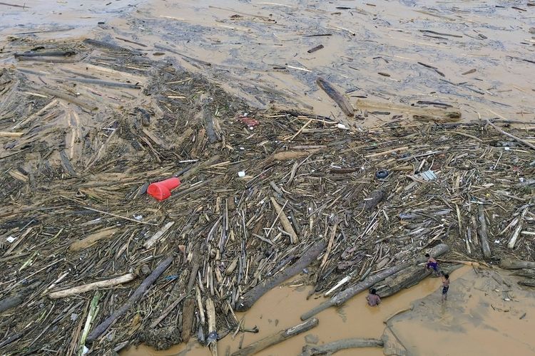 BANJIR SUMBAR: Foto udara anak-anak berada di antara potongan kayu gelondongan yang bertumpuk di pantai Air Tawar, Padang, Sumatera Barat, Jumat (28/11/2025). Sampah kayu gelondongan itu menumpuk di sepanjang pantai Padang pasca banjir bandang beberapa hari terakhir.  