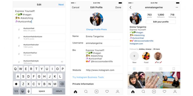 Ilustrasi cara menambah tagar dan tautan menuju profil pengguna lain dalam dekskripsi Bio di Instagram