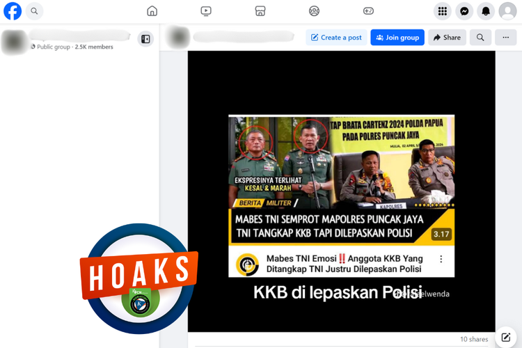 Tangkapan layar konten hoaks di sebuah akun Facebook, Minggu (7/4/2024), soal polisi melepaskan anggota KKB yang ditangkap TNI.